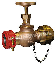 Landing valve with screwed bonnet PN16 straight-type DN 50 with handwheel Rg 5 inlet: drilling for clamp coupling Victaulic Groove Lock outlet: Storz C/K adaptor with cap and chain gunmetal / SoMs 59 / brass-coupling