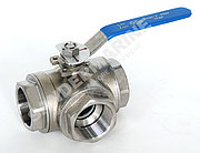 Three way ball valve PN63 DN 50 with L-plug BSP 2" female thread, sealing PTFE with ISO-5211 Top Flange F05 with handlever material: stainless steel