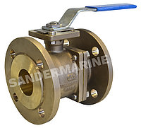 Ball valve PN16 with full bore DN 50 with PTFE sealing with lever, with ISO-5211 Top Flange, inlet: flange PN16 dim. and drilled, outlet: Storz C adaptor with cap and chain, copper-aluminium-alloy / stainless steel / brass