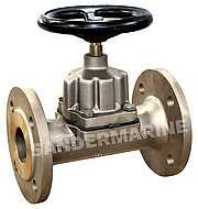 Diaphragm valve type KB in gunmetal with stem made of brass, with full bore and rising handwheel with flanges acc. to DIN