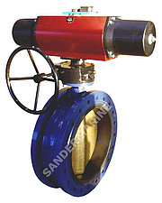 Double flanged butterfly valve DN 500 with single acting pneumatic actuator with manual emergency hand operation by intermediate gear box with 2 limit switches open/close NBR vulcanised to the seatring (back seated), GGG 40.3 / AlBz / stainless steel